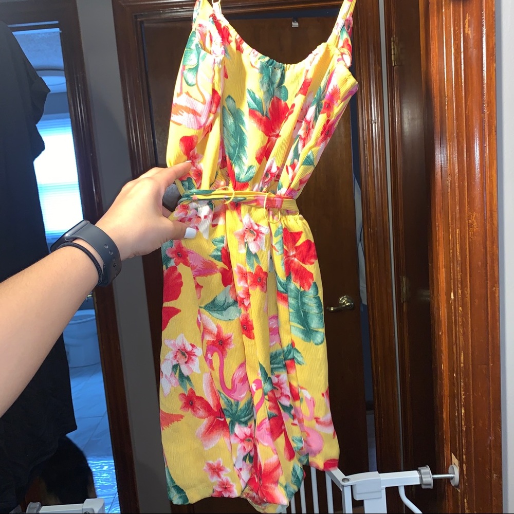 Floral yellow romper with tie waist